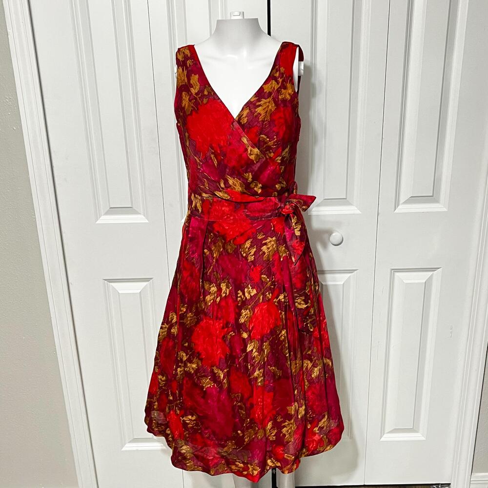 J Peterman Dress Womens 2 Red Floral Wrap Fit Flare Bow Belt Party Cocktail